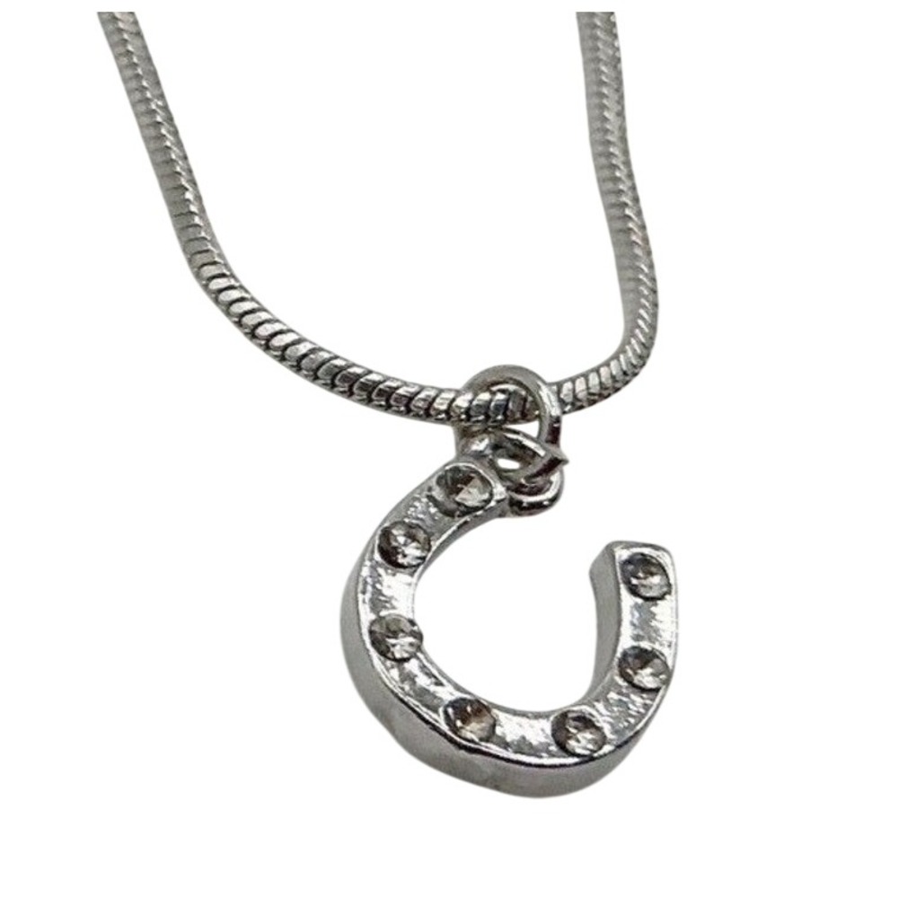 Horseshoe‎ Necklace with Rhinestones – 16" Delicate Dainty Feminine Silver tone
